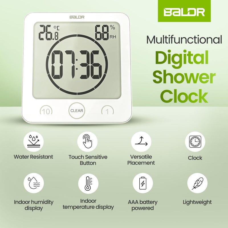 BALDR Digital Shower Clock with Timer - White - Water-Resistant Shower Timer  Countdown Timer Clock with Temperature and Humidity  Digital Clock for Shower  Bathroom Clock  Alarm Clock Battery Powered - Image 5